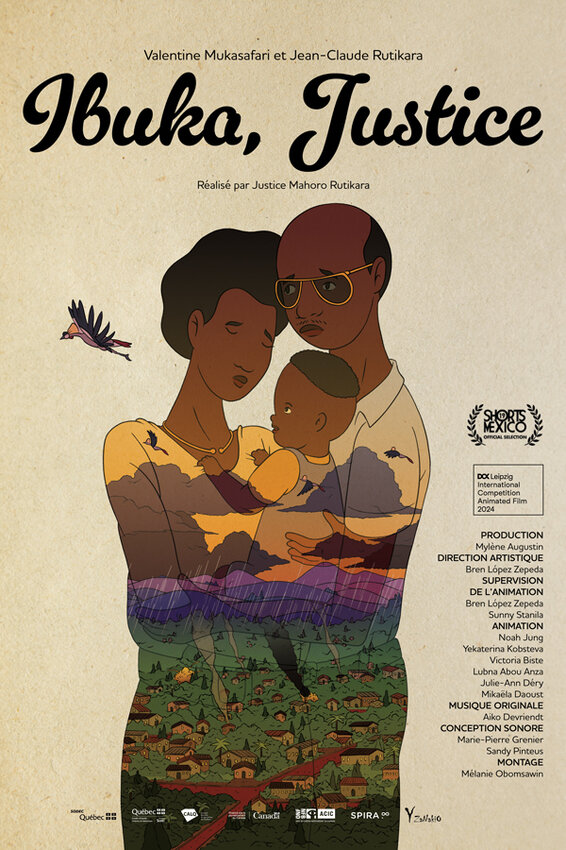 Affiche du film d’animation Ibuka, Justice, représentant une famille rwandaise composée de deux adultes et d’un enfant, superposée à un paysage de collines et de maisons, avec le titre en haut et les crédits du film sur le côté.