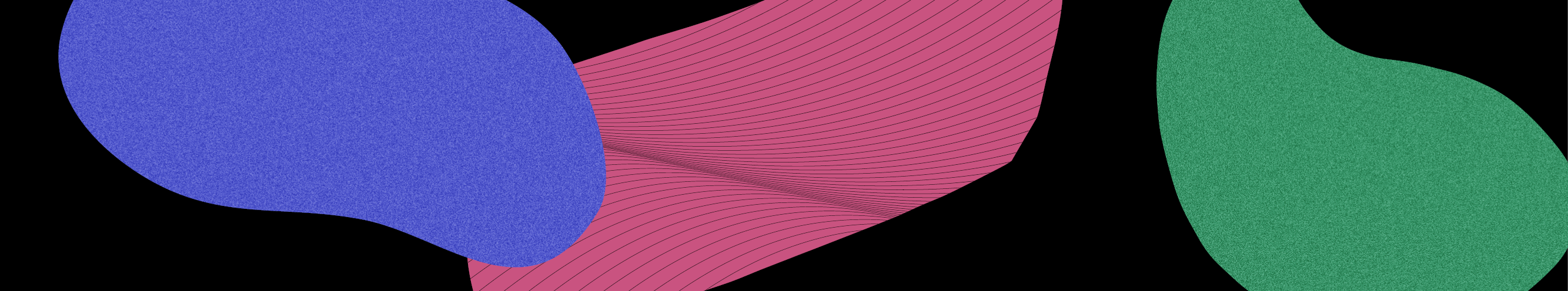  Blue, green and pink bubbles intertwine on a black background. 