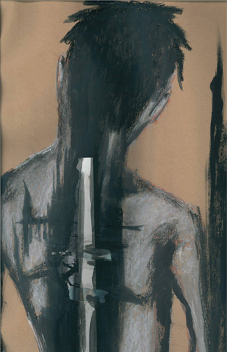 Une illustration dessinée à la main, représentant une silhouette vue de dos et une colonne vertébrale souffrant d'une scoliose.