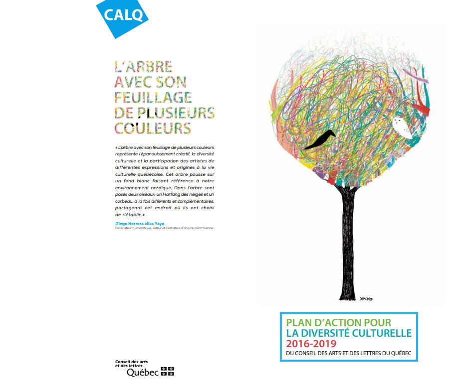 Dessin de Yayo montrant un arbre avec un feuillage multicolore dans lequel sont posés un harfang des neige et un corbeau.